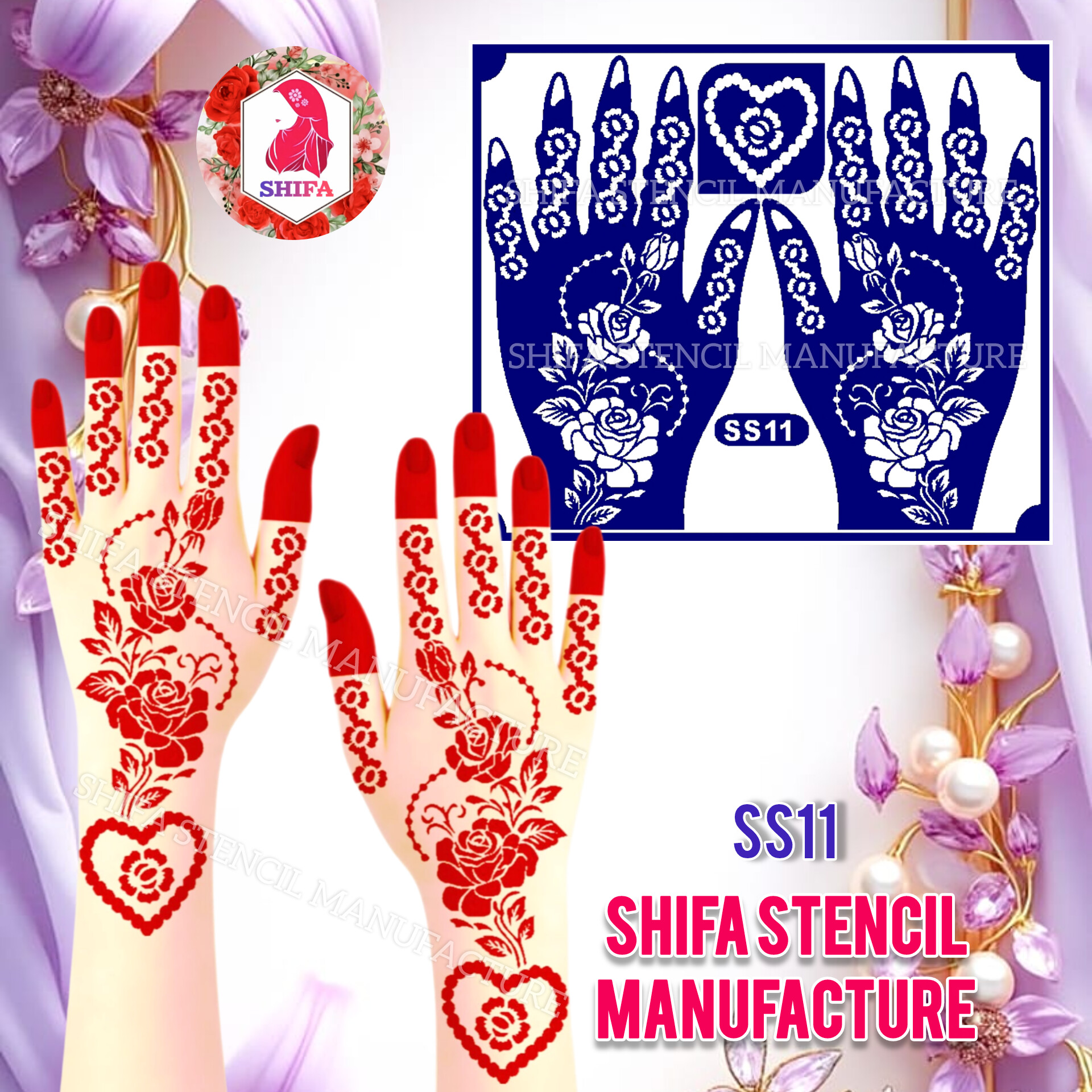SS11 Beautiful Blossom Rose design  Sticker Overview  Henna Stencil - Shifa Stencil